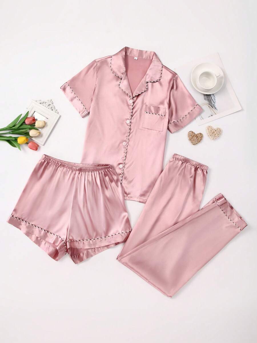 LuxeNights Conjunto de 3 piezas de pijama de seda sintética de unicolor con ribete de contraste y cuello de solapa, para vacaciones