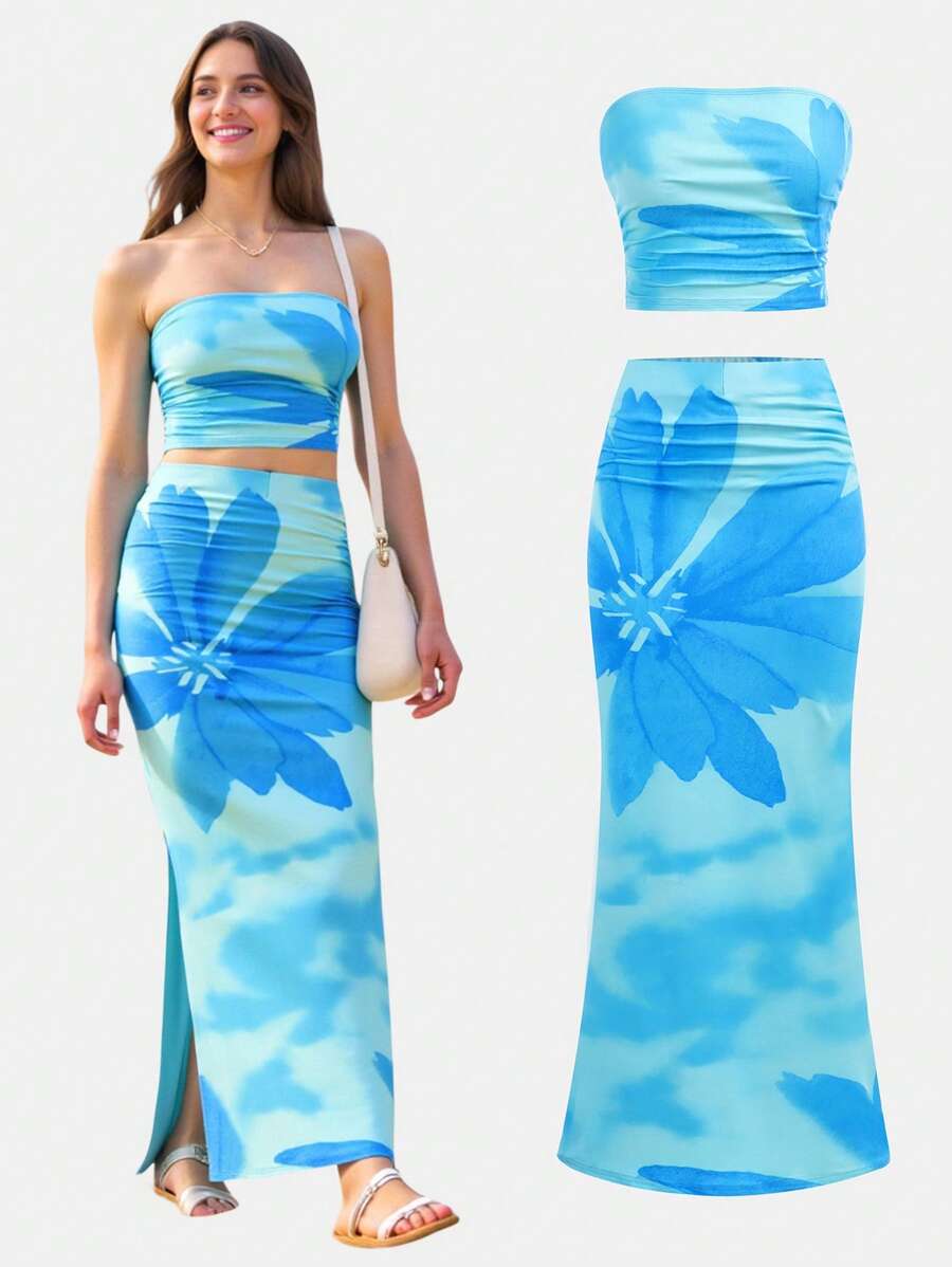 Girlism Set de 2 piezas de top corto y falda larga ajustada con estampado floral tropical, estilo vacacional para adolescentes