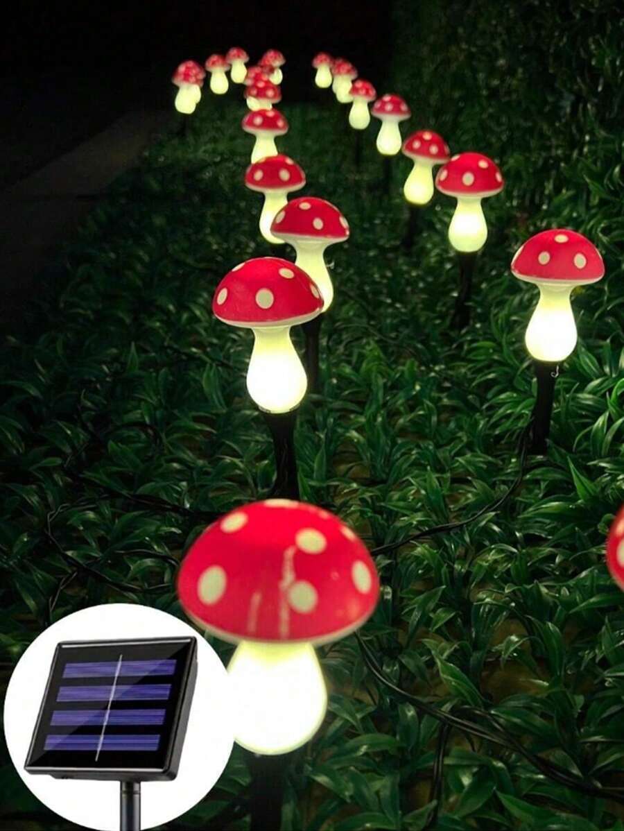 SHEIN 8 pièces/12 pièces Lumières de chaîne alimentées au soleil en forme de champignon rouge, lumière chaude pour l'extérieur, lumières de chemin à LED pour patio, convient pour le jardin, l'herbe, la clôture, les massifs de fleurs, décoration d'ambiance nocturne (nouveau style/ancien style envoi aléatoire)