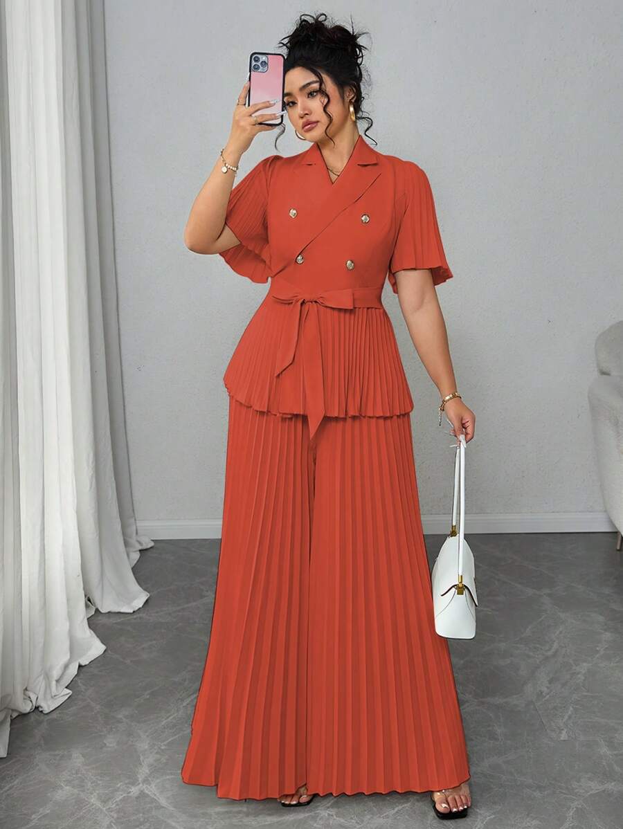 Elenzga Ensemble deux pièces femme grande taille élégant et simple d'été, avec un Top ample à manches courtes plissées et une jupe