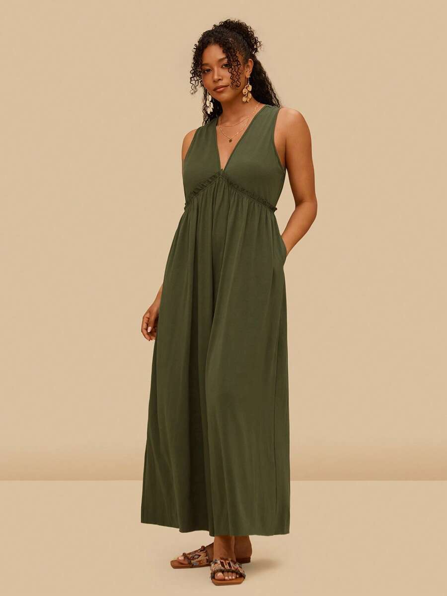 Travachic Mono de tejido elástico y cómodo con cuello en V y bolsillos para mujeres de tallas grandes, mono informal holgado de punto verde del ejército