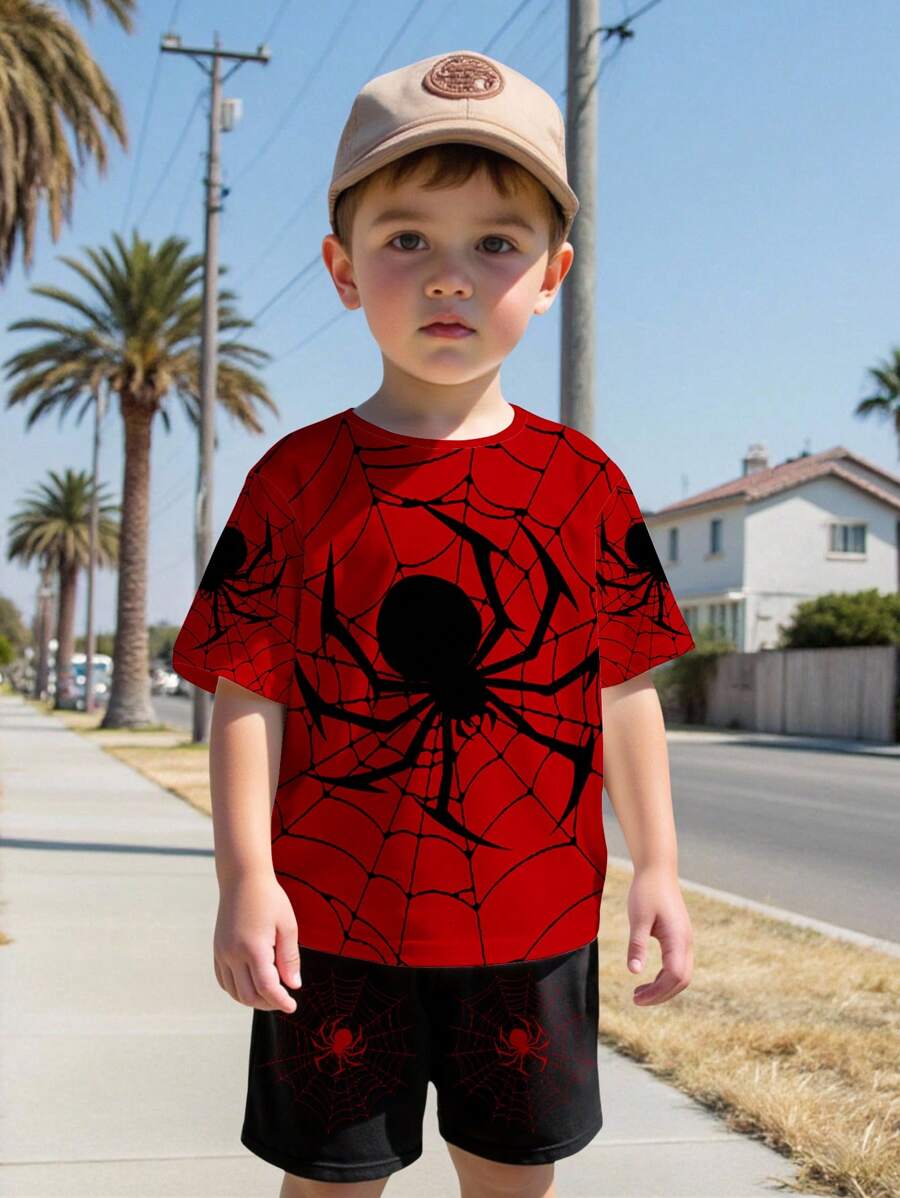 SHEIN Set de 2 piezas de camiseta de cuello redondo de manga corta con estampado de dibujos animados y pantalones cortos casual para niño pequeño, adecuado para el verano