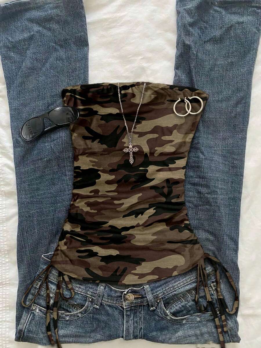 Attitoon Vintage Casual Style Olive Green Camo Allover Print Women's Ruched Tie Front Bandeau Top, Retro Vibe, Vacation Style, Sexy, Cute, Y2K Coconutgirl Boho, Music Festival, Suitable For Summer Girls Trip Back To School