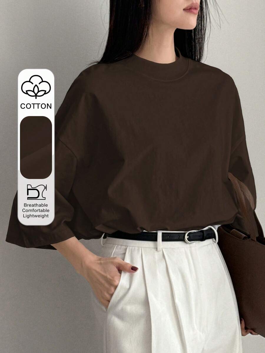 Dazy-Less Camiseta de manga corta de color liso, informal y holgada para uso en oficina, estilo minimalista, casual de negocios para mujer