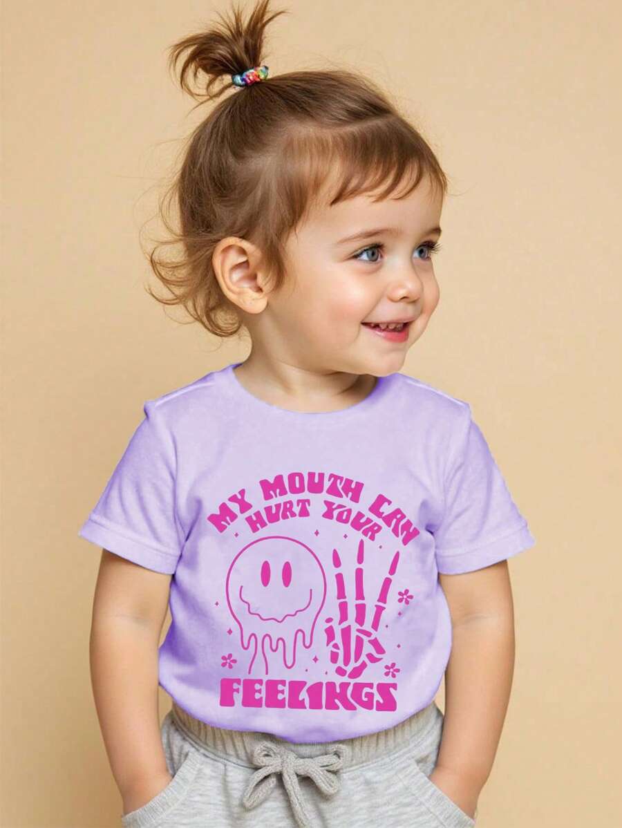Young Girl' Casual Comfortable Fashion Cute Raccoon & Slogan Print Short Sleeve T-Shirt, Spring/Summer