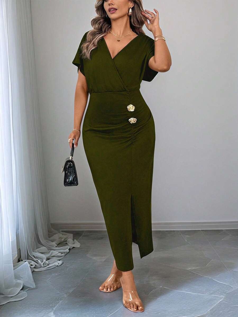 SHEIN Clasi Plus Size Women Cross Collar Fitted Waist Bodycon Knit Dress With 3D Floral Detail, Elegant Spring & Summer