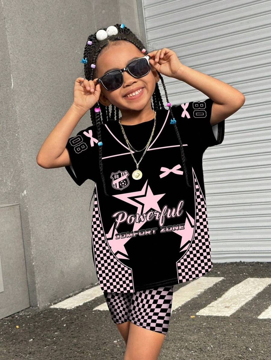 Vintage Pink Plaid Sporty Style, Race Car Print, Star And Bow Print, Young Girl Casual Simple Short Sleeve And Shorts 2 Pieces Set, Suitable For Summer, Spring And Summer Street Style, Kids' Cozy , Family Outing Season