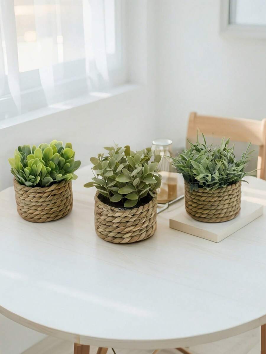 1 Stück 3 Stück künstliche geflochtene Rattan Topfpflanzen aus PE Polyesterfaser für Tischdekoration, Partys, Küche, Garten, Weihnachten, Geschenke