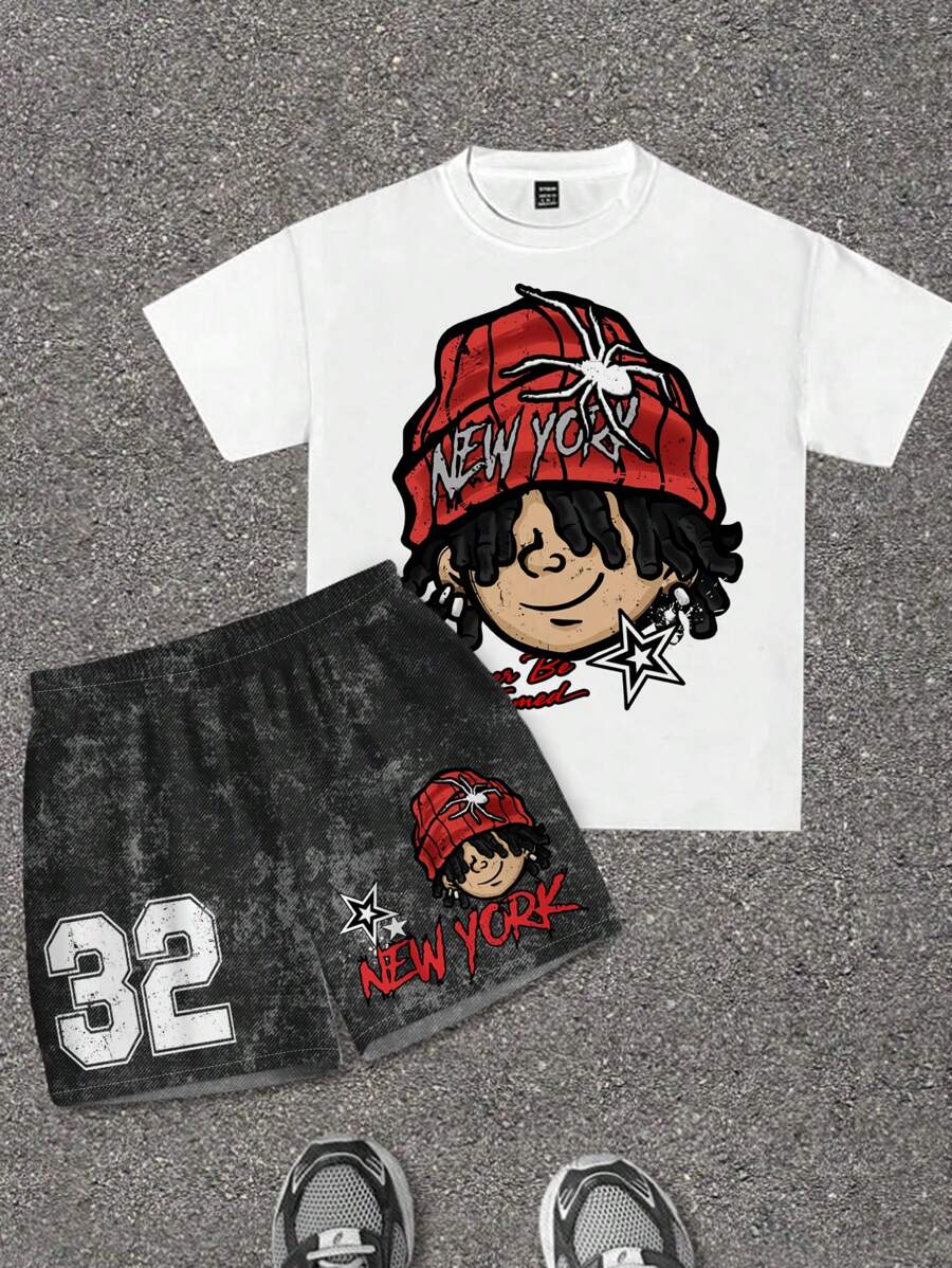 SHEIN 2pcs Tween Boy Casual Cartoon Pattern Round Neck Short Sleeve Top And Shorts Set, Suitable For Summer