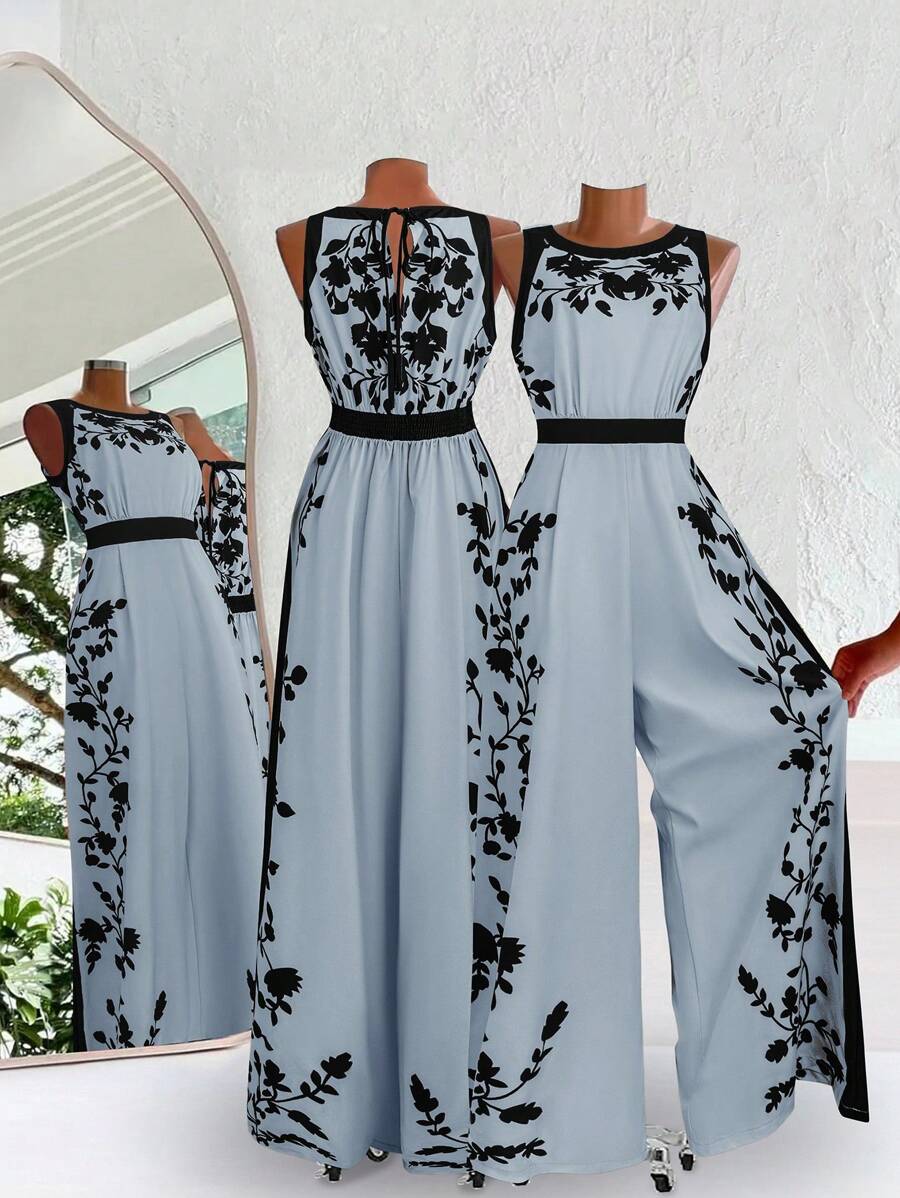 SHEIN Clasi Plus Size Women Floral Print Sleeveless Wide-Leg Jumpsuit With Back Tie