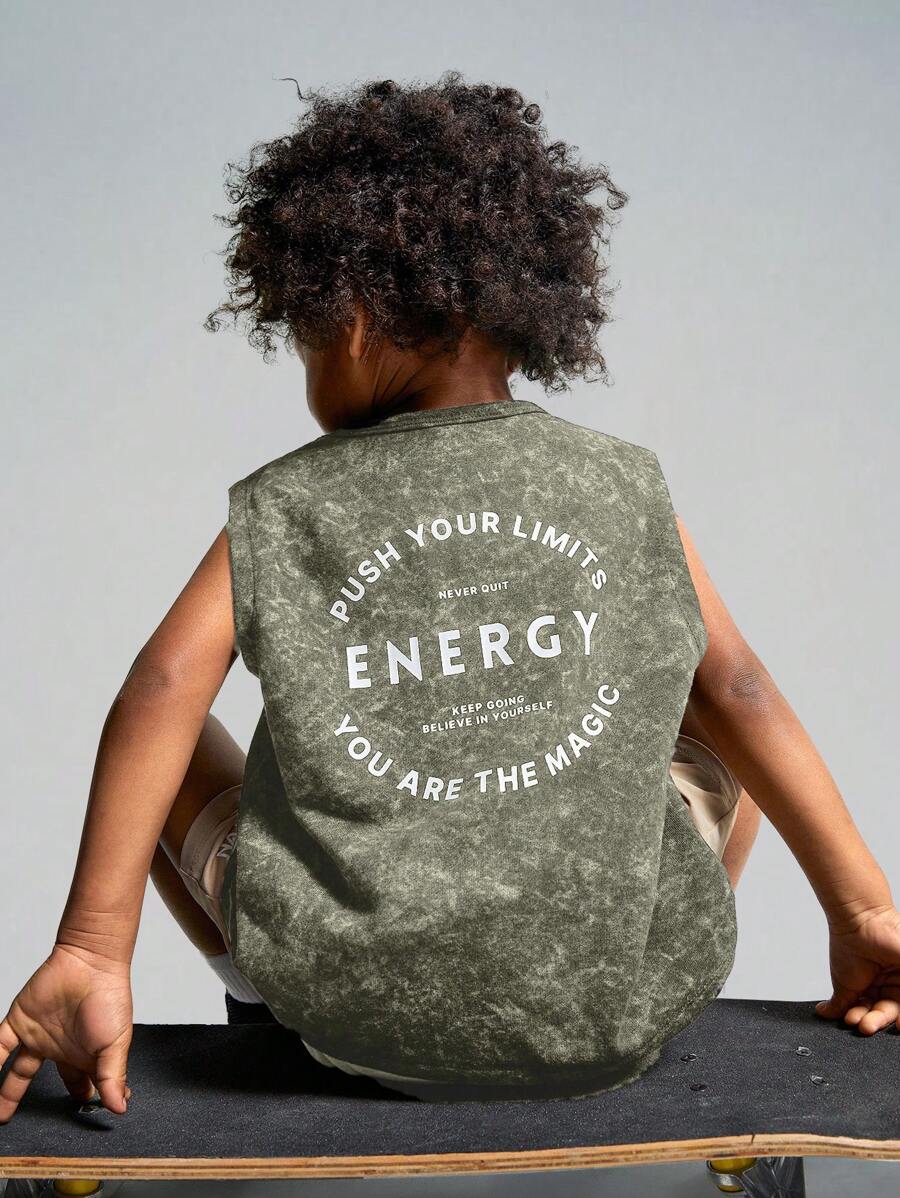 SHEIN Young Boy Letter Printed Washed Loose Knit Casual Tank Top Boys Muscle Tank Kids Summer Tank Top Kids Graphic Tank Inspirational Shirts For Kids Kids Oversized Tank Top