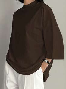 Dazy-Less Camiseta de manga corta de color liso, informal y holgada para uso en oficina, estilo minimalista, casual de negocios para mujer