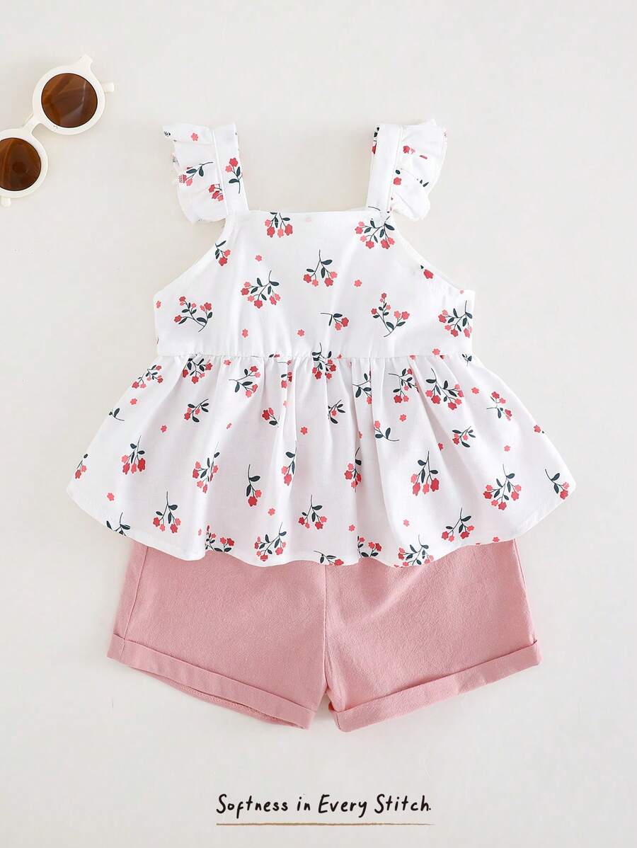Cozy Pixies Baby Girl Floral Print Cap Sleeve Top And Elastic Waist Shorts 2 Pieces Set