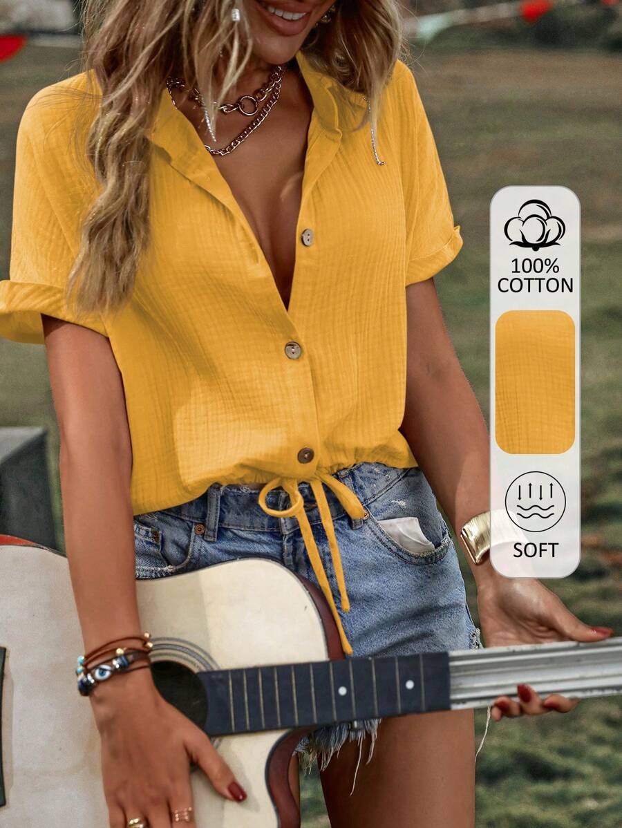 SHEIN LUNE Solid Button Front Drawstring Hem Shirt