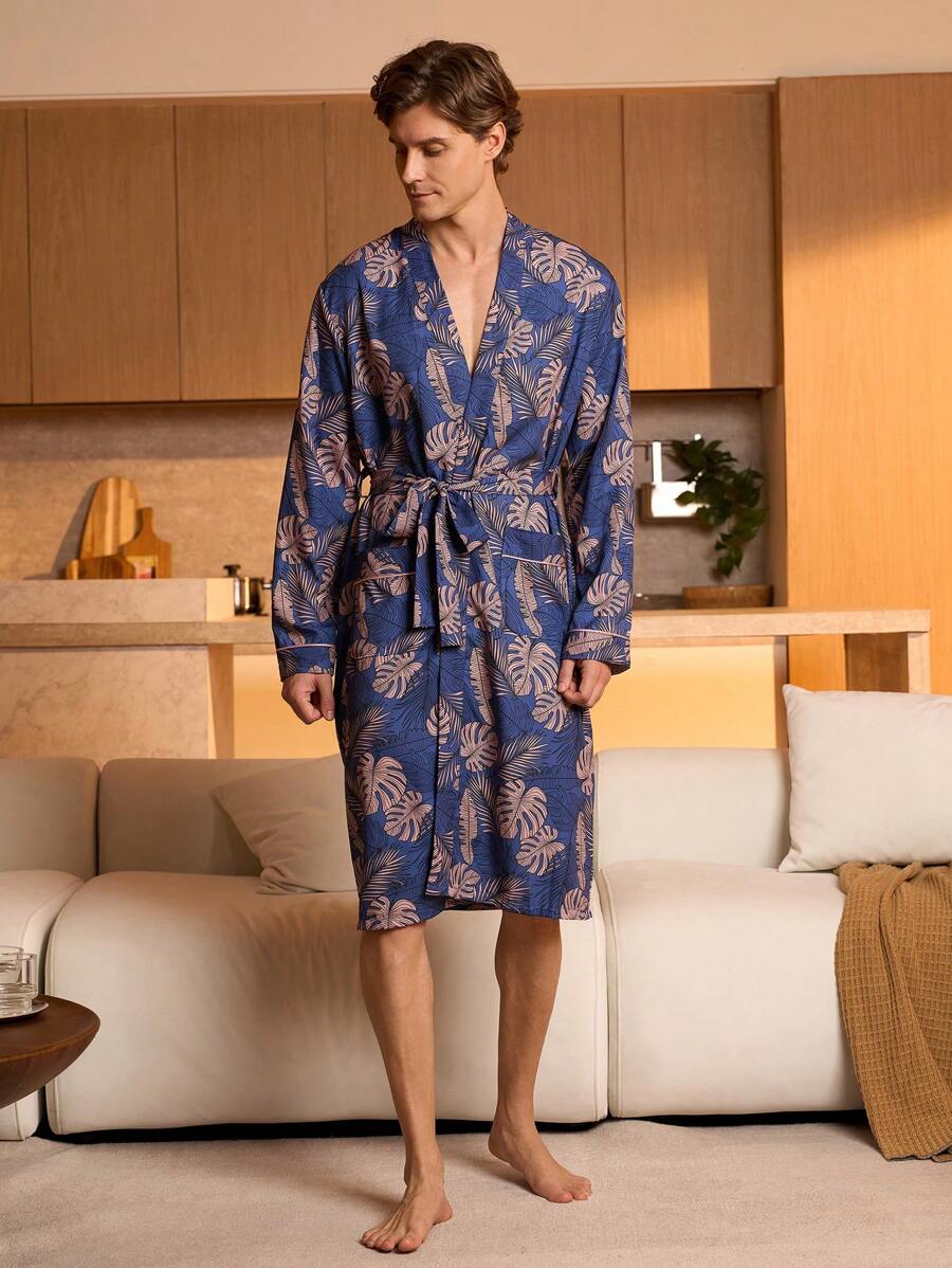 SHEIN Bata con cinturón para la cintura para hombre, de manga larga, apta para todas las estaciones