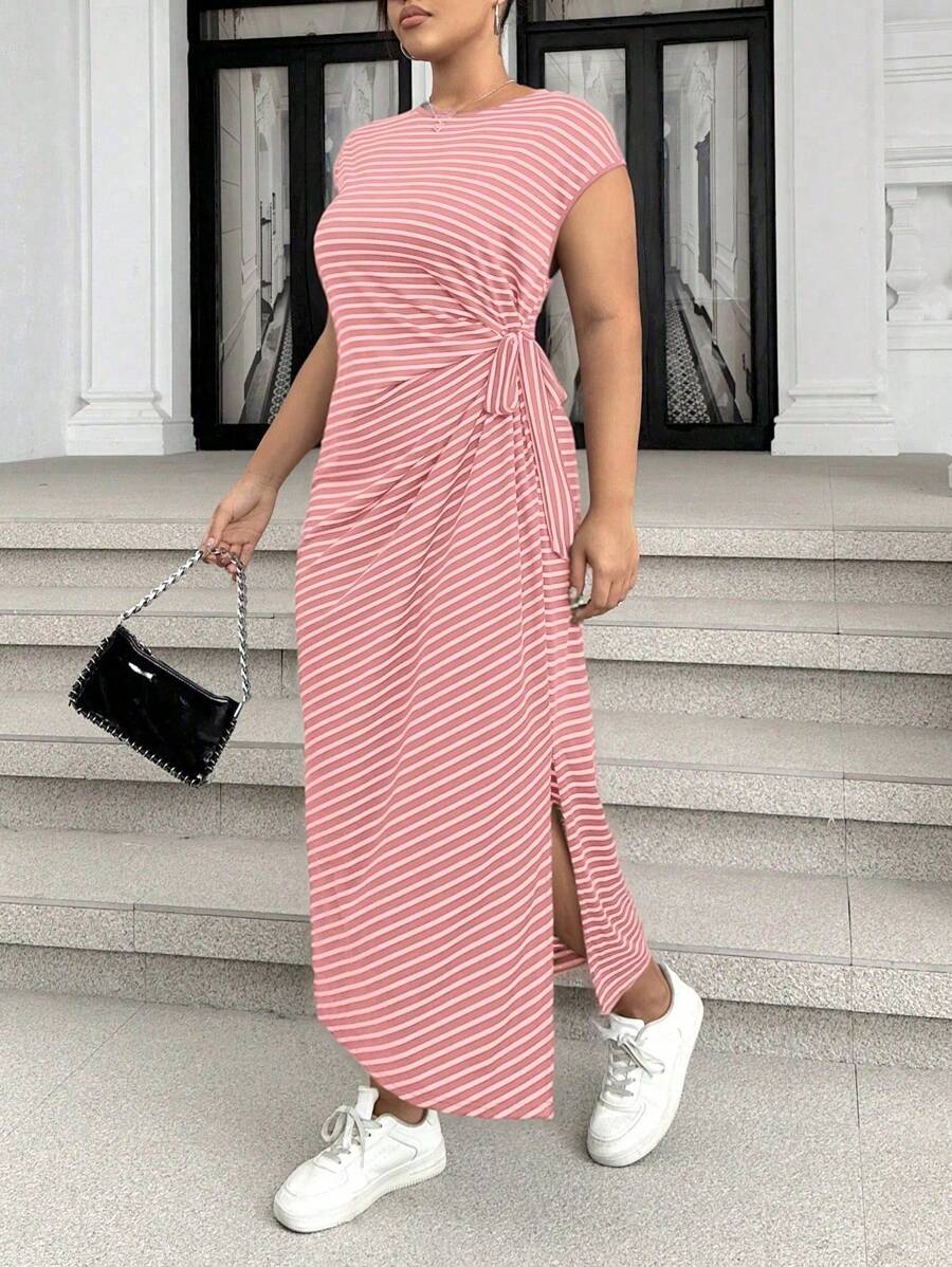 Calvaya Plus Size Round Neck Striped & Floral Printed Tie Shoulder One Shoulder Split Sleeve Summer Dress Maxi Women Outfit