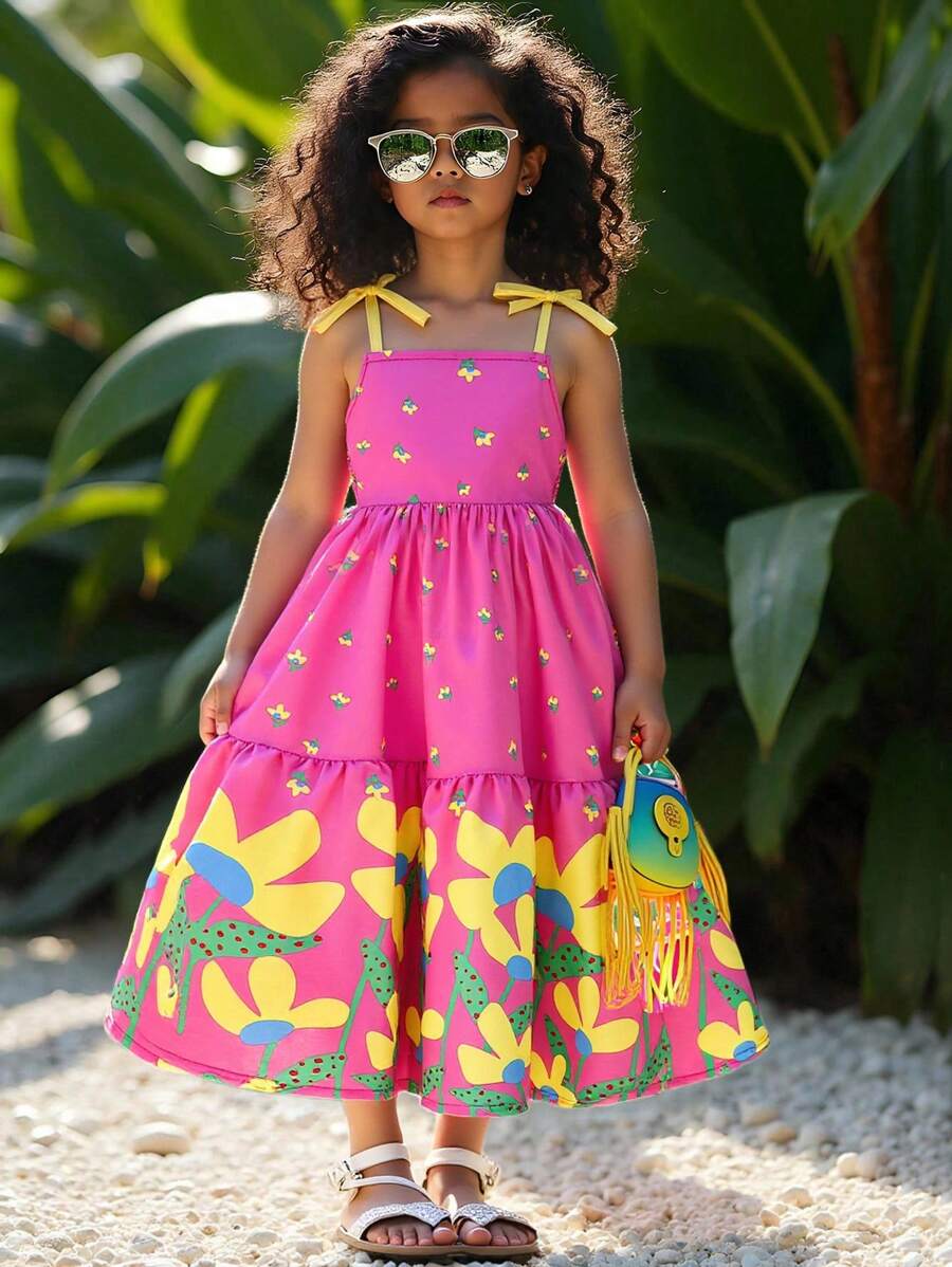 Vestido informal con estampado floral verde + sombrero para niñas, genial para uso diario, salidas, vacaciones, temporada de primavera/verano, nuevos lanzamientos