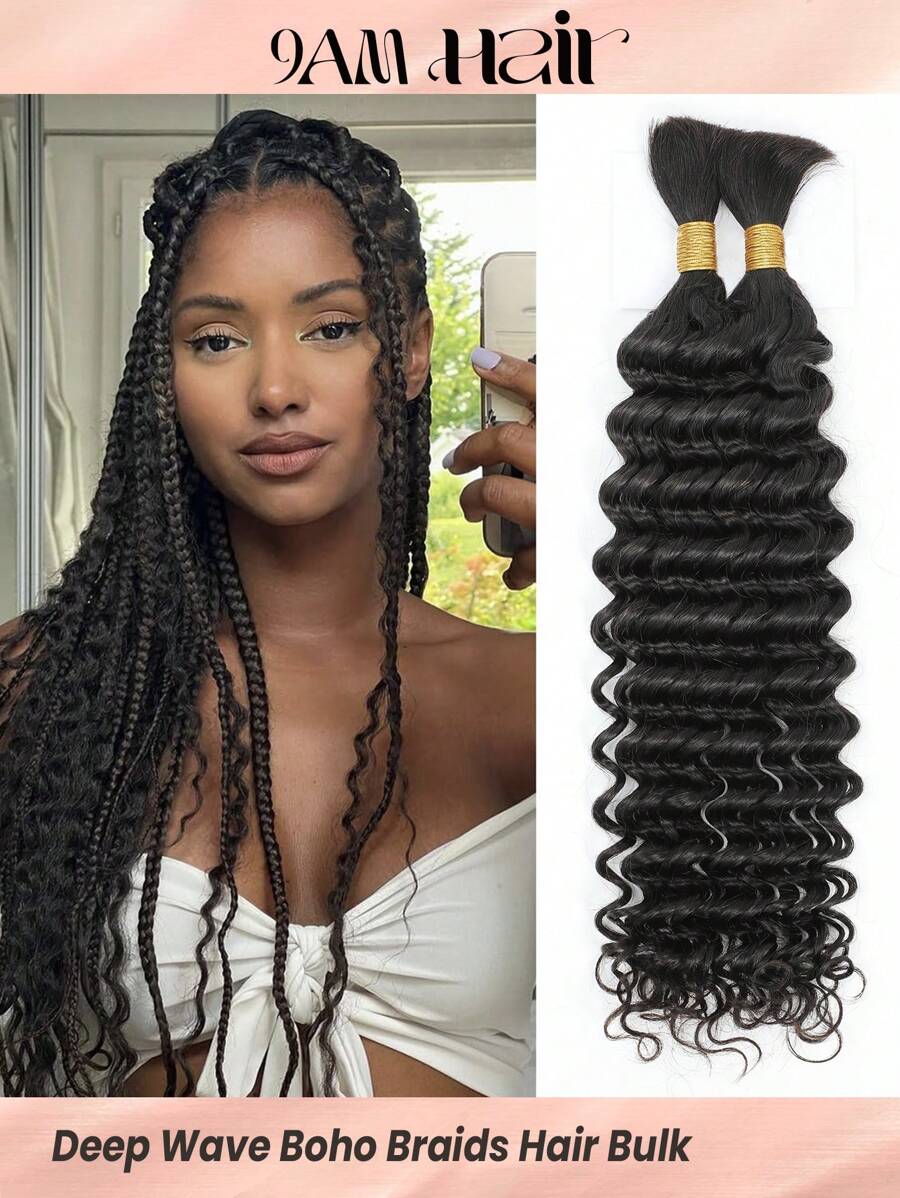 Boho Braids 2 piezas de extensiones de cabello humano a granel tipo trenzado en onda profunda, color negro natural, sin trama, para trenzas sin nudos