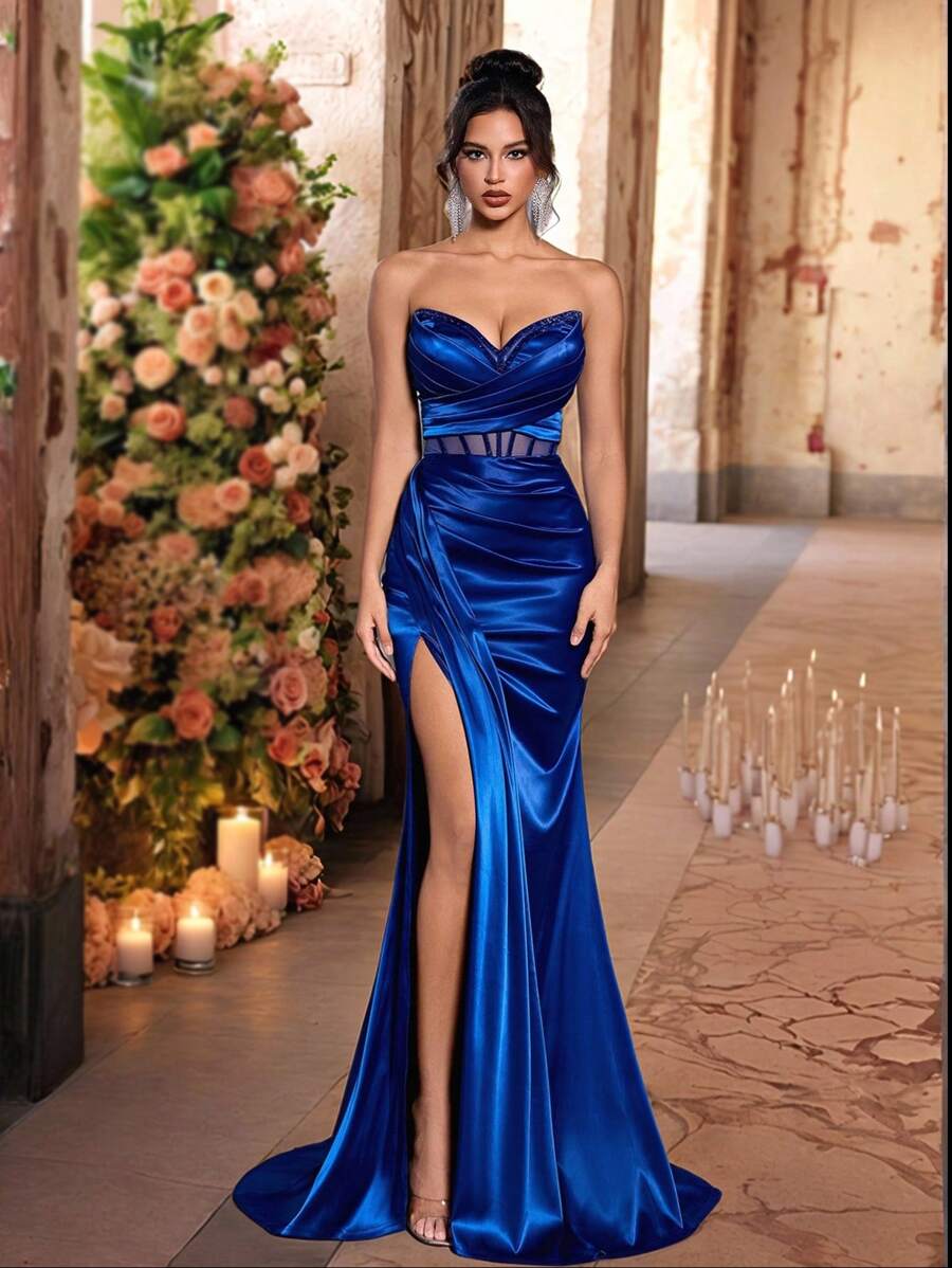 Glamrae Elegant Navy Blue Satin Strapless Waistband See-Through Fishbone Sequins Trimmed Side High Slit Mermaid Tail Train Dress, Suitable For Dates, Vacations, Birthdays, Parties, Graduations, Weddings, Formal Events, Party Dress, Gown, For Evening, Wedding Guest,Graduation,Graduation Dresses For Women,Back To School Dress