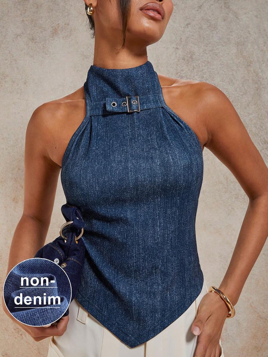 COSMINA Chaleco vaquero de mujer con cuello de halter de moda para el verano