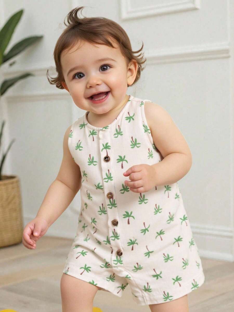 Cozy Pixies Peto de niño bebé con estampado de árbol de coco de dibujos animados, de cuello redondo y sin mangas, shorts, casual y versátil
