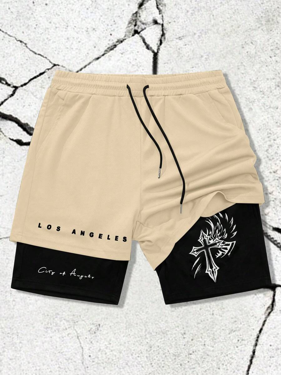 Manfinity LEGND Men's 2-In-1 Multifunctional Casual Shorts, Cross & Slogan Print Running Shorts With Drawstring Elastic Waist And Pockets, Suitable For Gym, Fitness And Sports, Great Gift For Husband Or Boyfriend, For Back To School