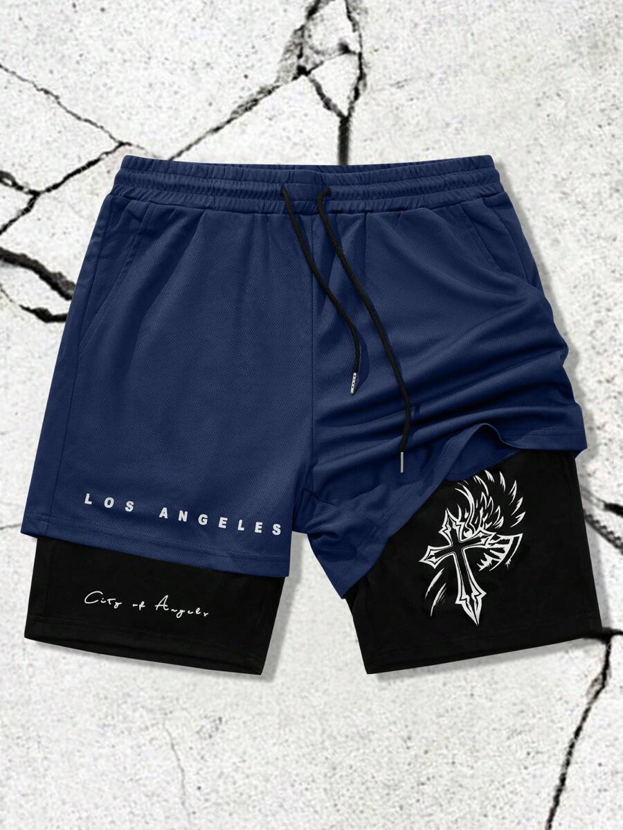 Manfinity LEGND Pantalones cortos multifuncionales casuales para hombre 2 en 1, pantalones cortos de 2 colores contrastantes con estampados de cruz y eslogan, cintura con cordón y elástico con bolsillos, adecuados para gimnasio, entrenamiento y deportes, gran regalo para esposo o novio