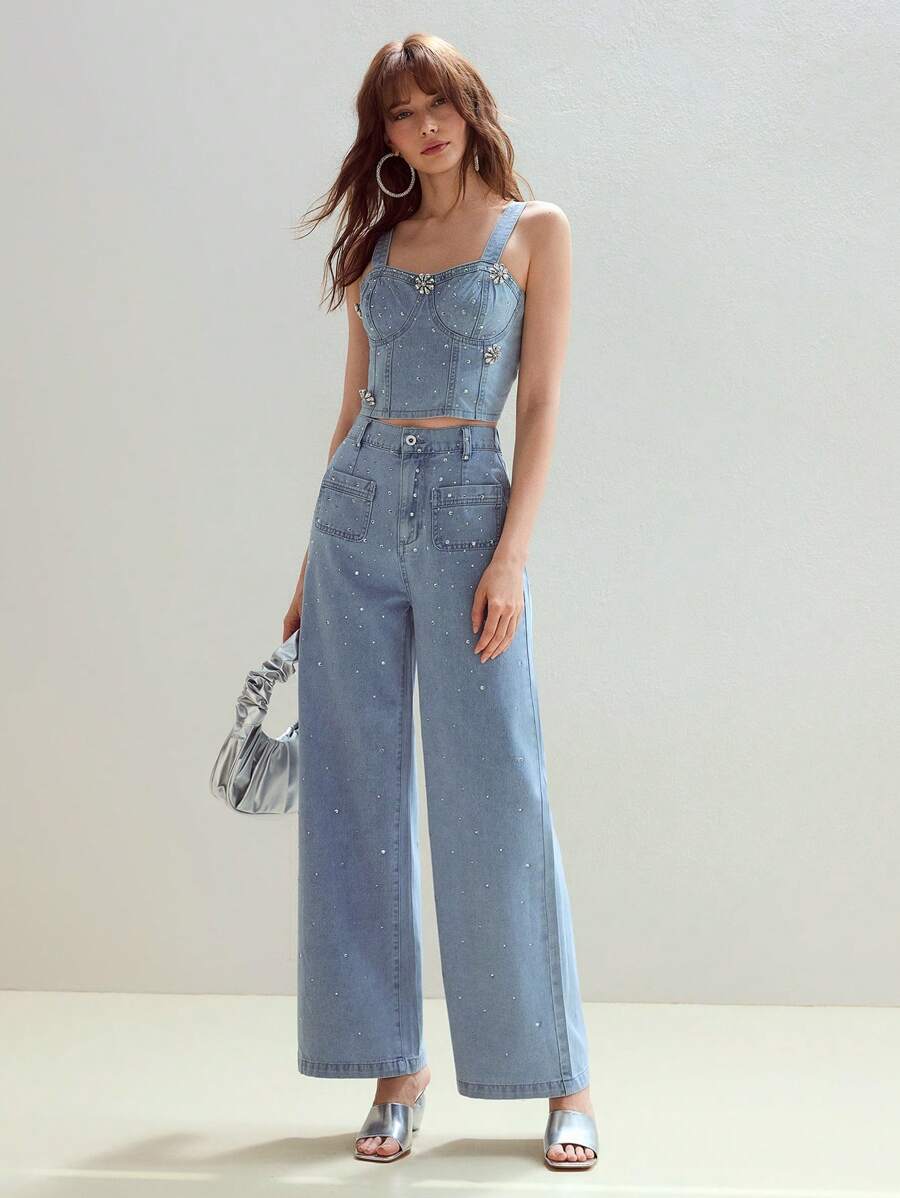 MOTF STUDIO RHINESTONE DETAIL PATCH POCKET WIDE LEG JEANS