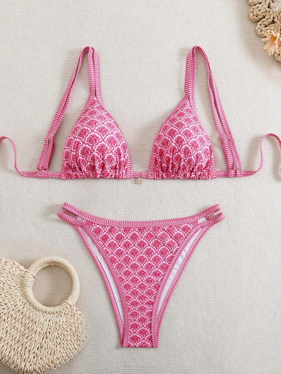 SHEIN Swim Curve 2pcs Plus Size Women Floral Print Bandeau Spaghetti Strap Top And High Waist Bottoms Bikini Set Set, Suitable For Beach Holiday