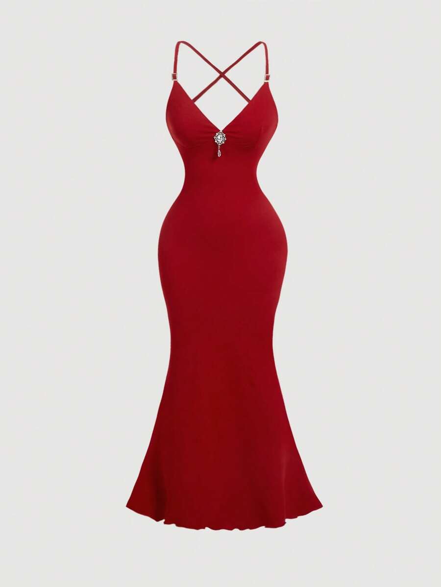 SHEIN MOD Elegante abito da ballo a sirena rosso, abito da cerimonia formale per laurea