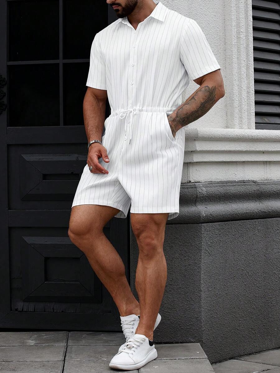 Manfinity Homme Men's Striped Short Sleeve Single Breasted Drawstring Waist Pockets Shirt & Shorts Set
