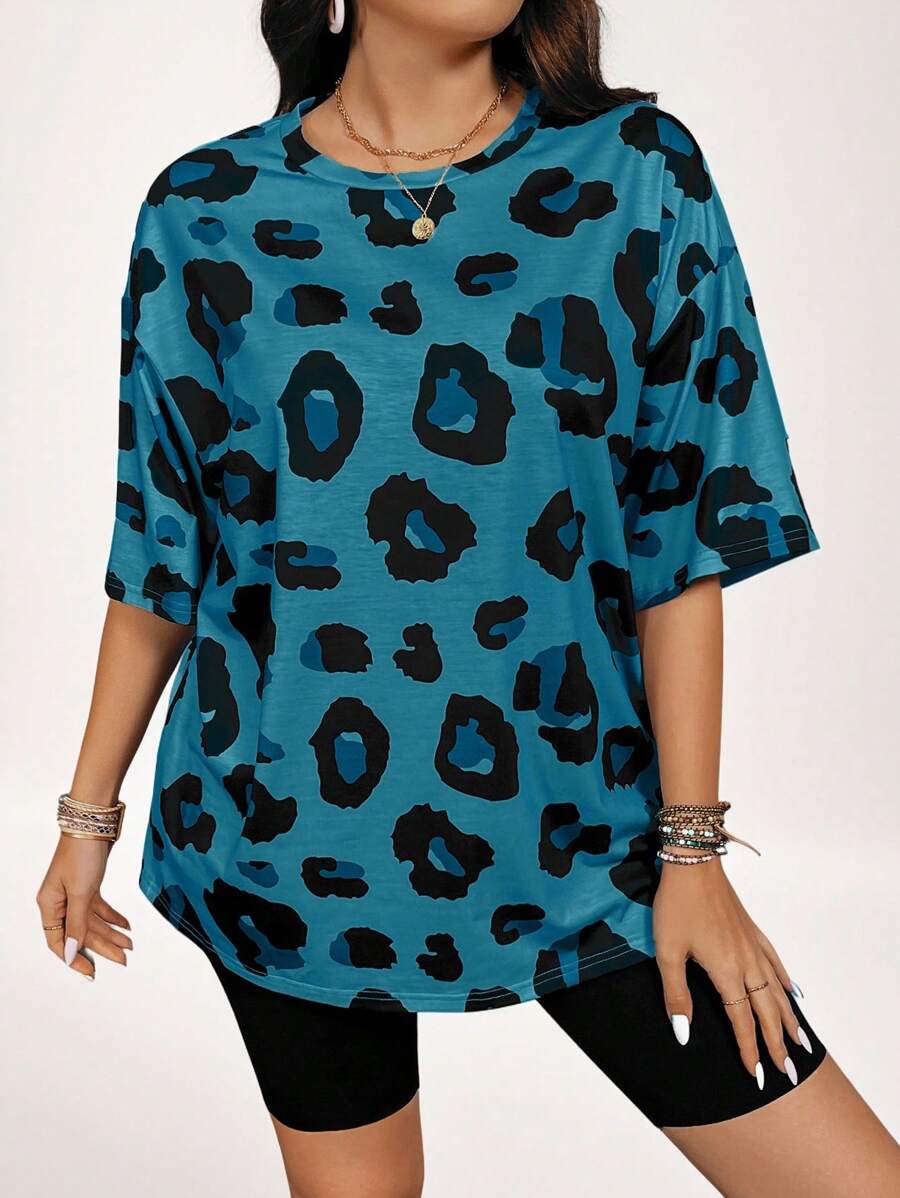 SHEIN LUNE Plus Size Basic Leopard Print Animal Pattern Casual T-Shirt, For Summer