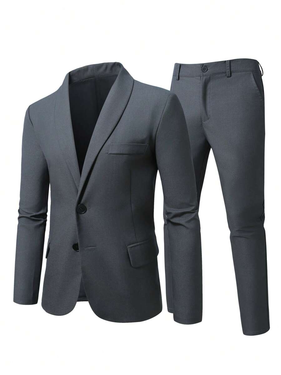 Manfinity Mode Conjunto de traje de unicolor para hombre de talla grande, chaqueta de manga larga y pantalones, de moda para el verano