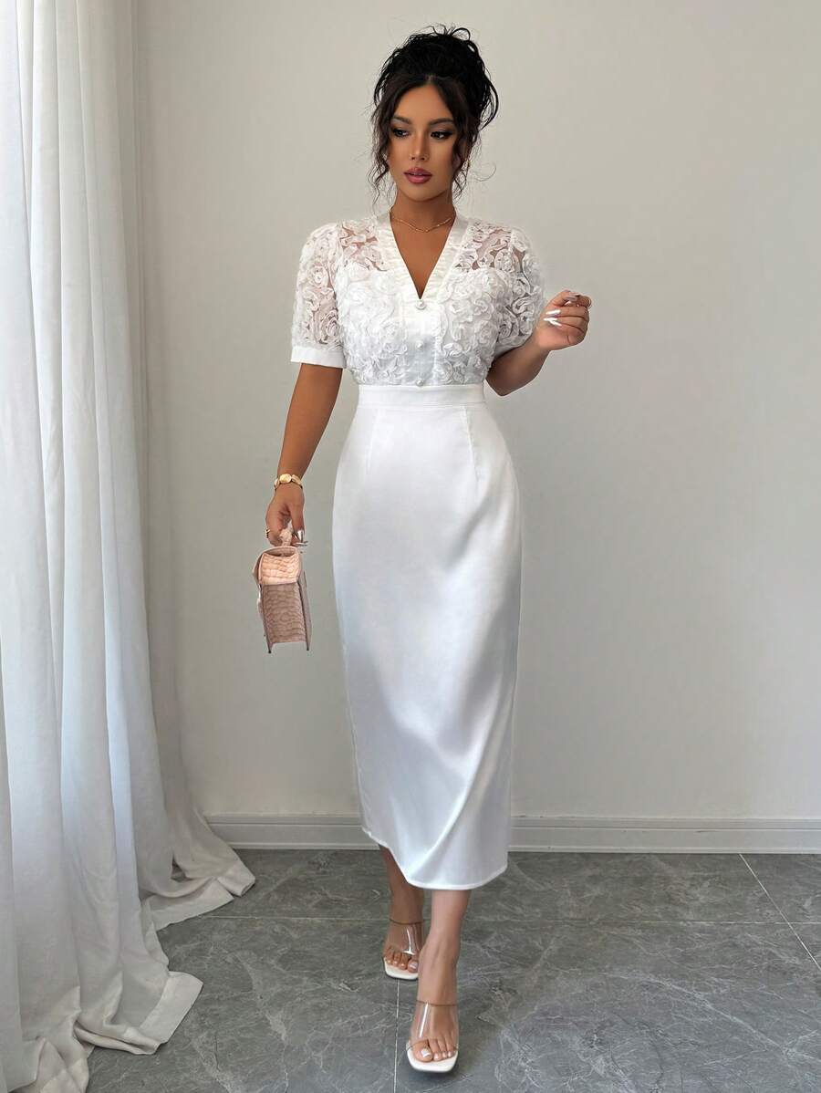 Elenzga V-Neck Splicing Elegant Puff Sleeve Waist Cinching Dress