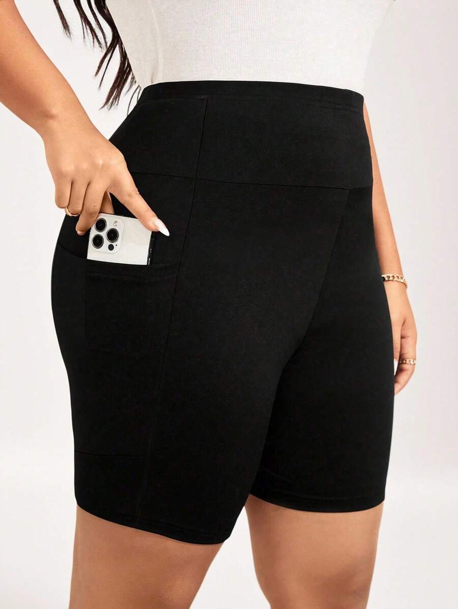 SHEIN LUNE Pantalones cortos tipo ciclista de talle alto básicos y casuales de color negro para uso diario en tallas grandes