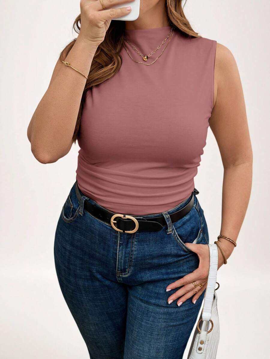 SHEIN LUNE Plus Size Women Summer Solid Collar Ruched Slim Casual White Tank Top Holiday