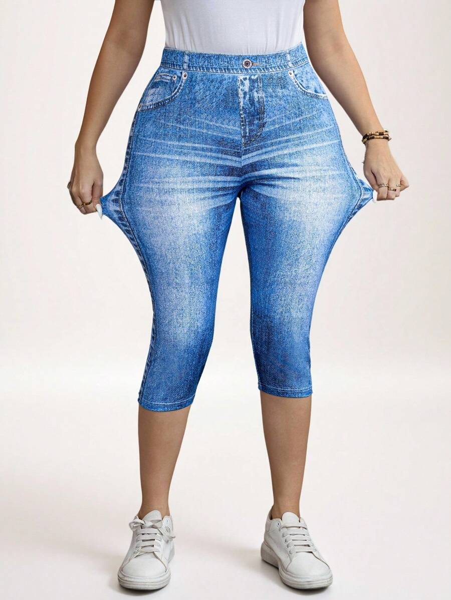 SHEIN LUNE Conjunto de vaquera de verano de talla grande para mujer, con efecto de mezclilla azul, cintura alta, pantalones pitillo casuales sencillos y de moda, para uso diario y vacaciones