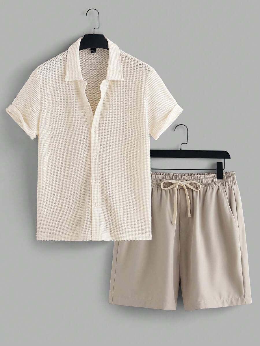 Manfinity RelaxMax Ensemble chemise à manches courtes et short à cordon de serrage en maille respirante pour homme d'été