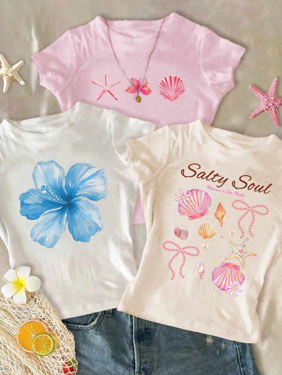 Chill Vacation Tropical Hibiscus, Frangipani, Starfish & Seashell Beach Themed Pattern, Tween Girls Slim Fit Casual, Comfortable Round Neck Snug Fit Long Tee, 3pcs/Set In White, Ivory, Light Pink, Summer