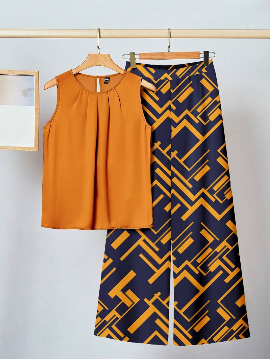 SHEIN Clasi Set di top senza maniche arancione brillante e pantaloni larghi con stampa geometrica, completo casual adatto per l'estate e l'uso quotidiano