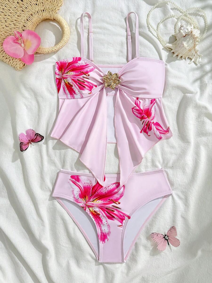 Tween Girls Spaghetti Strap Bikini, Pink Base With Large Floral Bikini Set, Teen Girls Beach Swimsuit, Spring/Summer Bathing Suits For Girls Kids Girls Bathing Suits Bow One Piese Bathing Suit For Girls Bathing Suit For Girls Bathing Suits For Girls One Price
