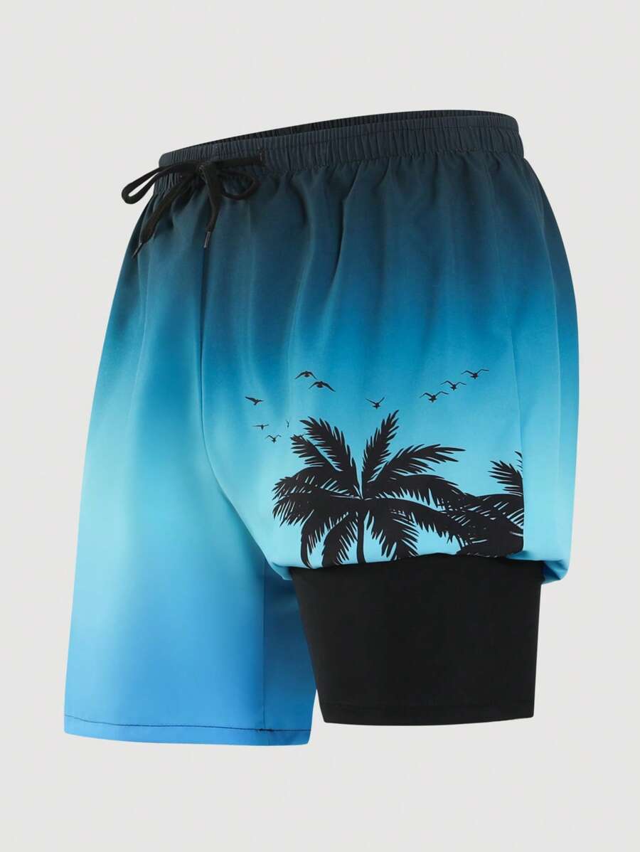 Traje de baño de 2 en 1 para adolescentes varones con estampado degradado de árboles de coco y cordón en la cintura, para verano