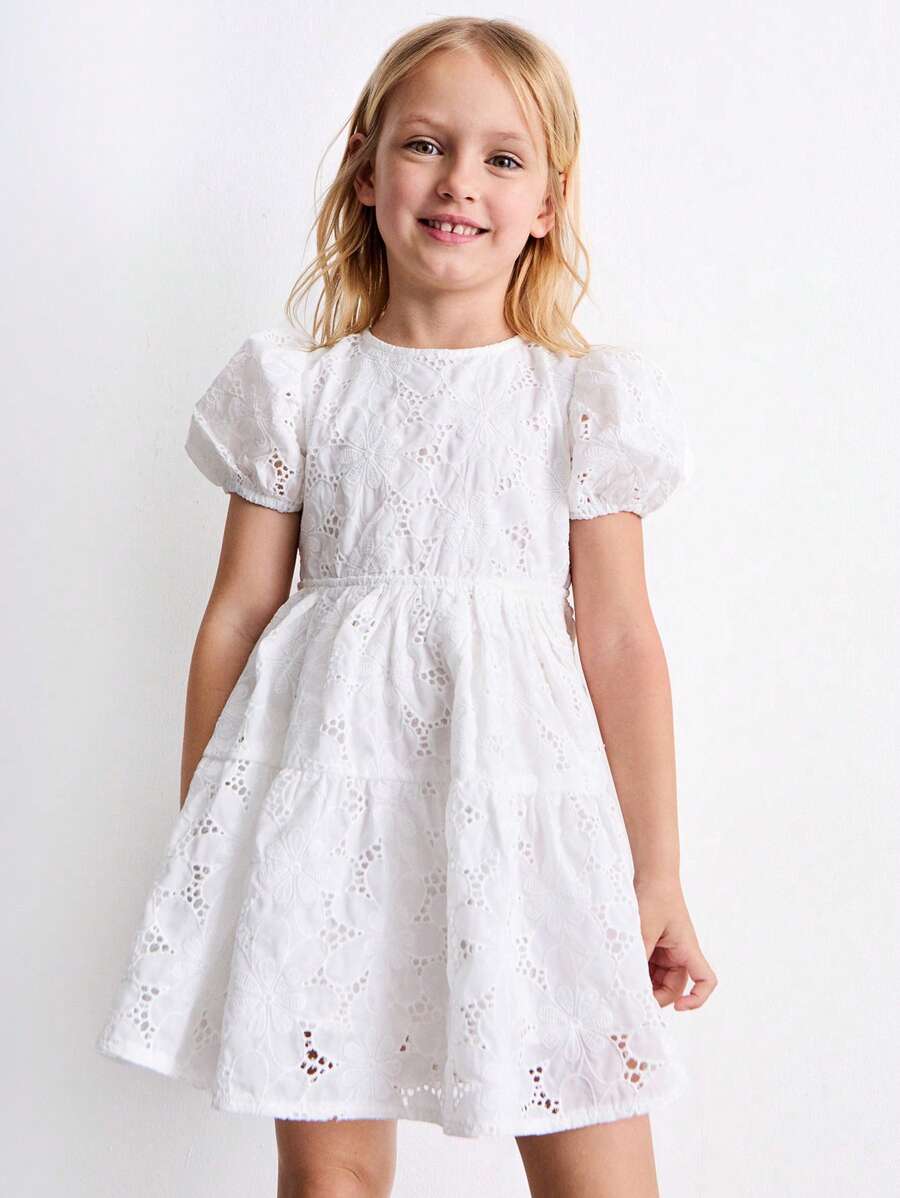THE HAPPY LOOK Vestido de manga abullonada con bordado dulce para niñas, para verano