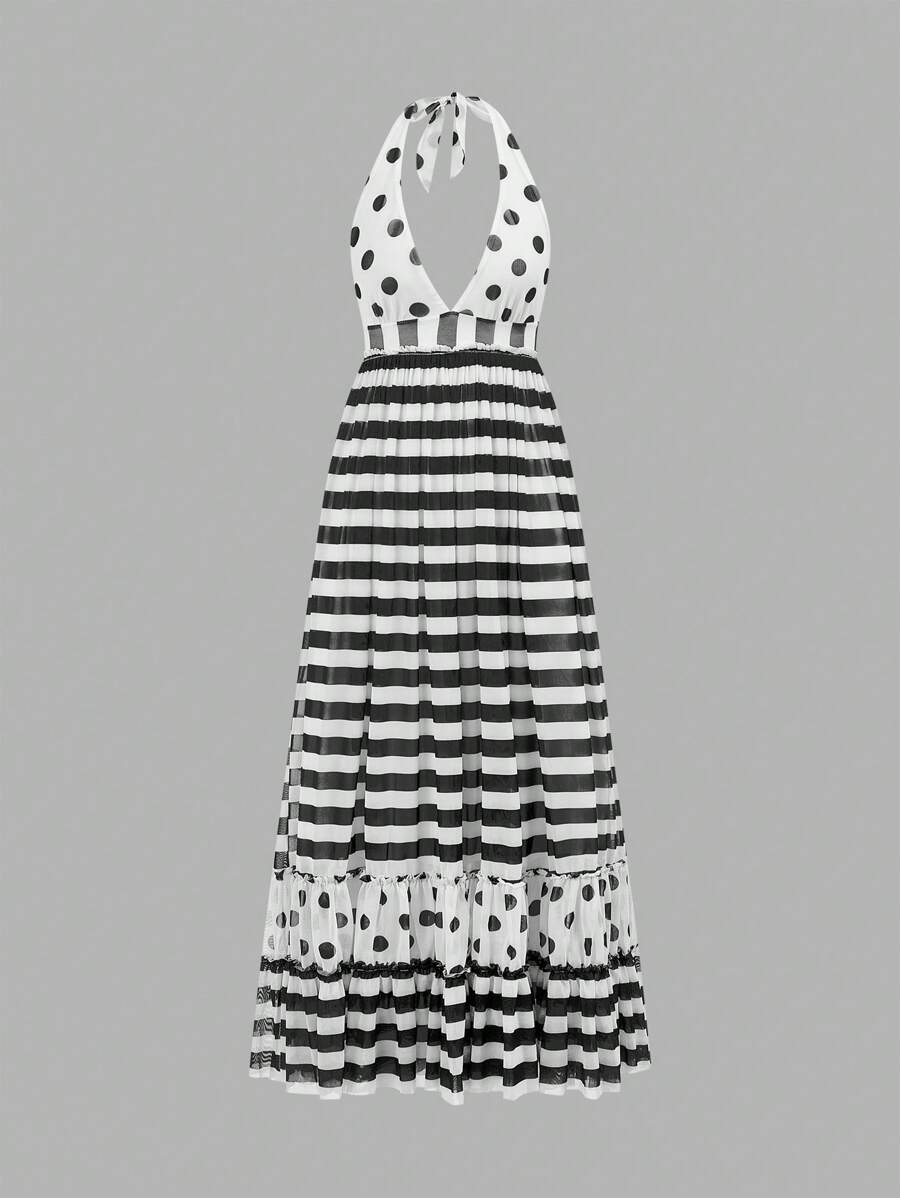 TryMe Colorblock Halter Open Shoulder Dress For Women