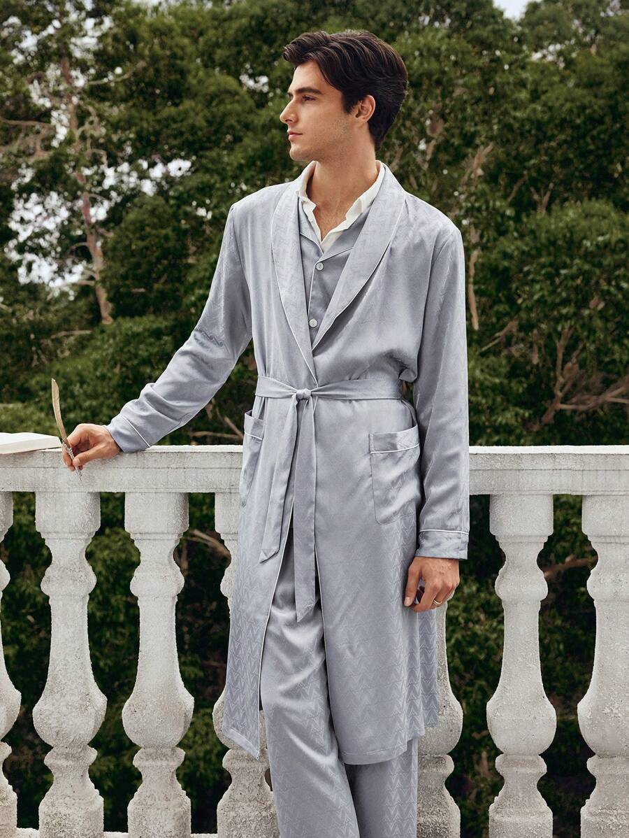 SHEIN EverLounge Bata de baño con cuello alto, parches, bolsillo y cinturón para hombre