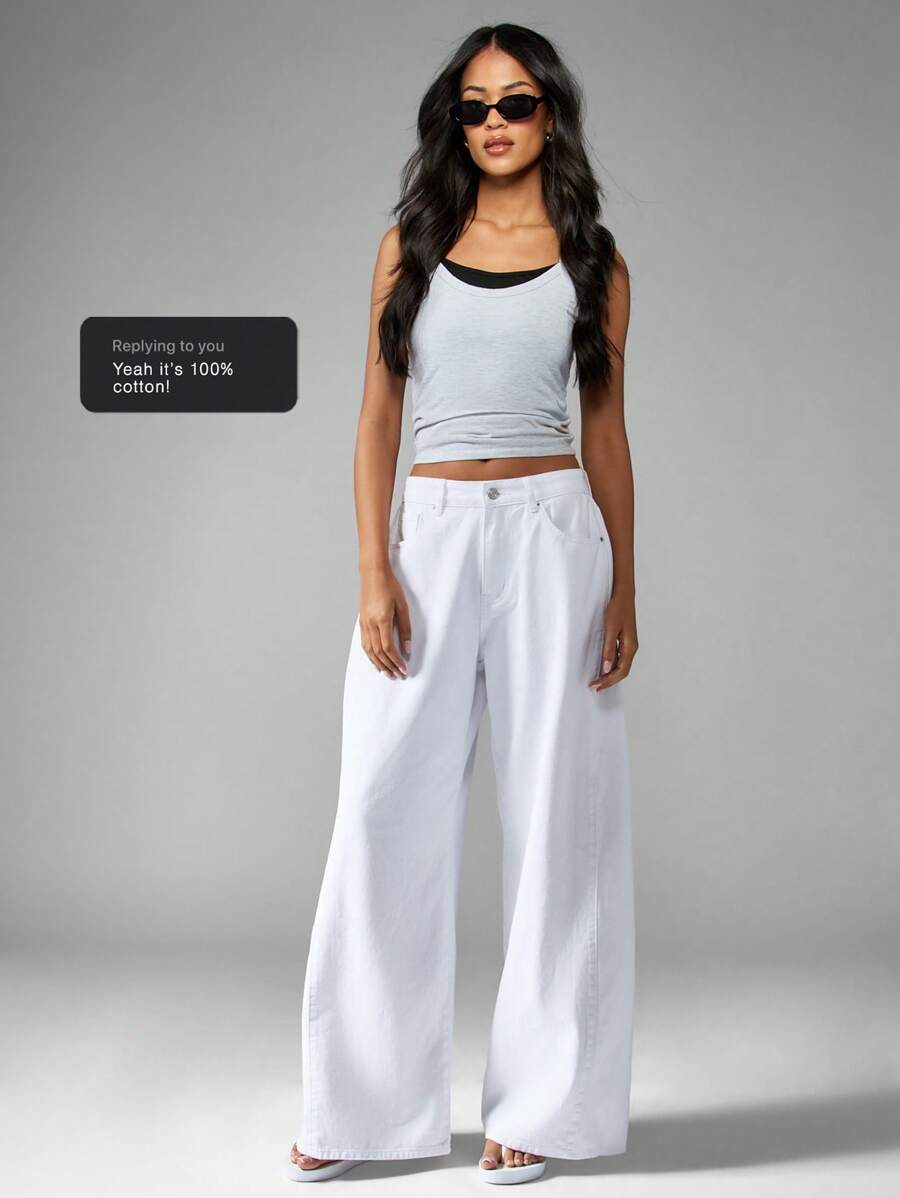 MISSGUIDED Relaxed Wide Leg Palazzo Style Denim Bottoms Trousers With Side Pockets Contemporary Design Breathable Everyday Bottoms Summer Spring Fashion