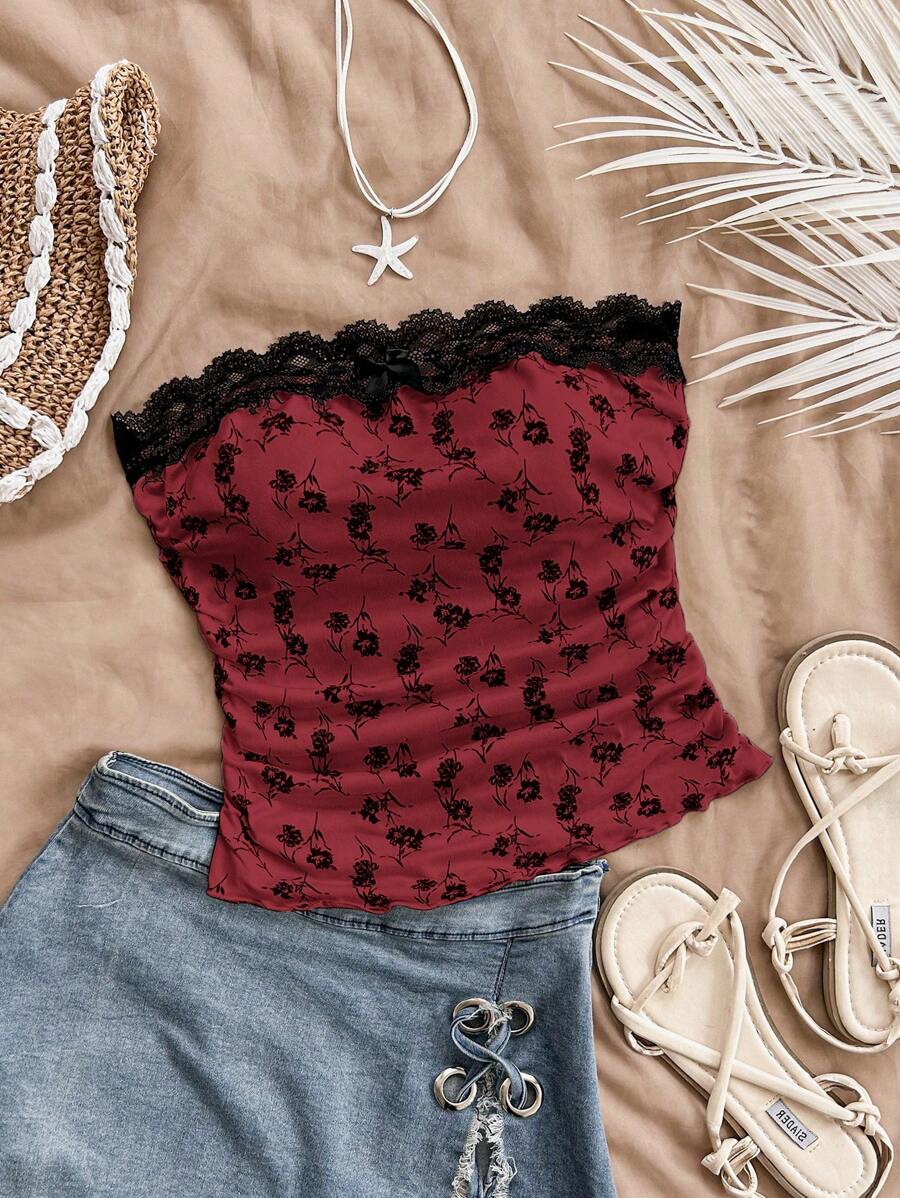 Soleia Summer Vacation Women Casual Apricot&Black Floral Print Spliced Lace Pleated Bow Top