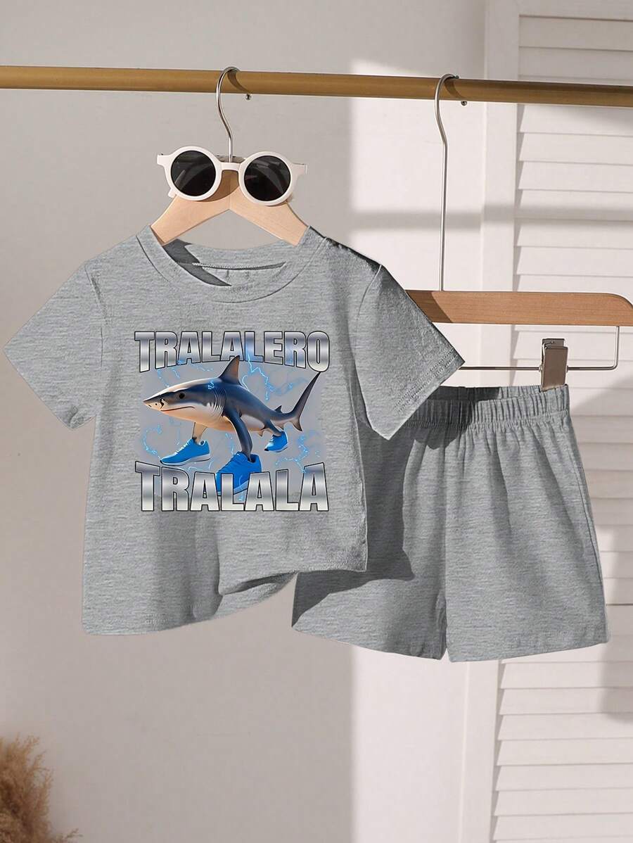 GraphicGems Set de 2 piezas de camiseta de manga corta de cuello redondo y pantalones cortos con estampado de tiburón divertido para niños, para verano