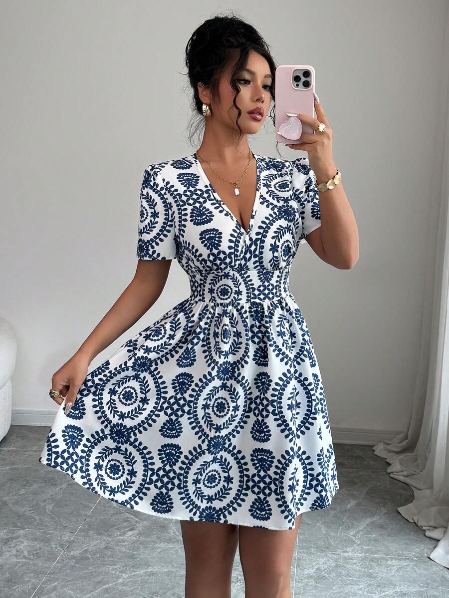 Elenzga Women's Blue & White Print V-Neck Cinched Waist Casual Mini Dress, Flattering And Holiday Style