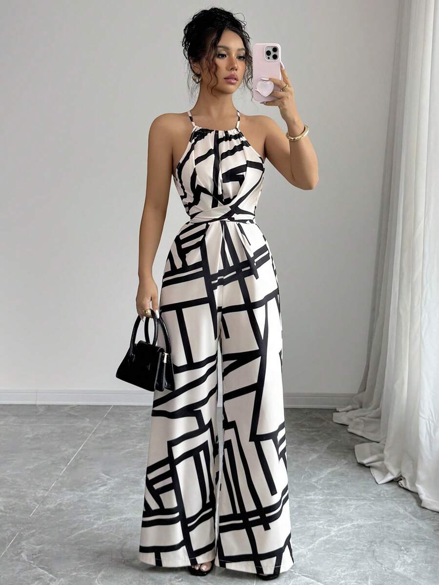 Elenzga Mono elegante envolvente de tela estampada para mujeres, adecuado para vacaciones y uso diario